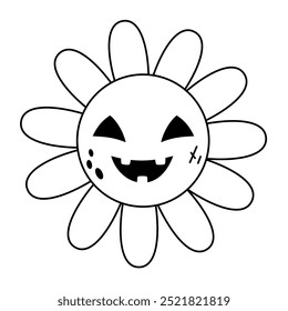 Clipart de flores de Halloween retro. Blanco y negro groovy objeto de Halloween . Ilustración vectorial dibujada a mano en estilo plano.