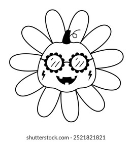 Retro Halloween flower clipart. Black and white groovy Halloween object . Hand drawn vector illustration in flat style.