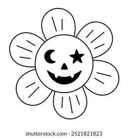 Clipart de flores de Halloween retro. Blanco y negro groovy objeto de Halloween . Ilustración vectorial dibujada a mano en estilo plano.