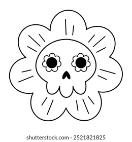 Retro Halloween flower clipart. Black and white groovy Halloween object . Hand drawn vector illustration in flat style.