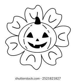 Clipart de flores de Halloween retro. Blanco y negro groovy objeto de Halloween . Ilustración vectorial dibujada a mano en estilo plano.