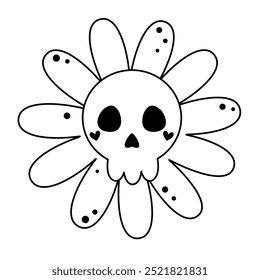 Retro Halloween flower clipart. Black and white groovy Halloween object . Hand drawn vector illustration in flat style.