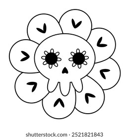 Clipart de flores de Halloween retro. Blanco y negro groovy objeto de Halloween . Ilustración vectorial dibujada a mano en estilo plano.