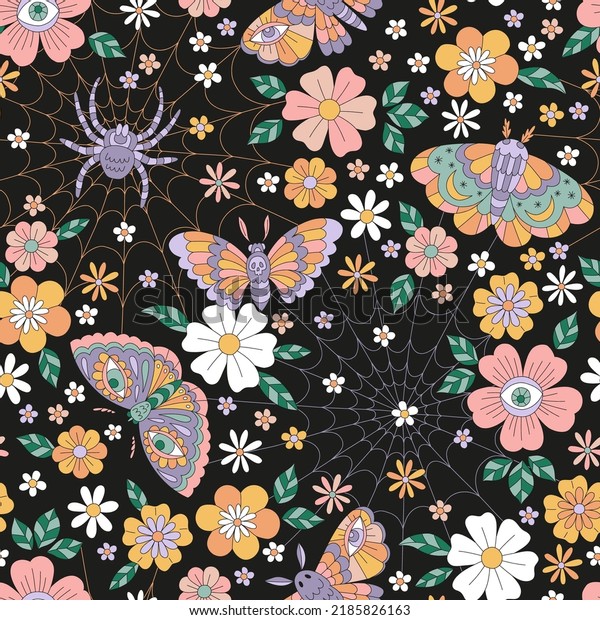 Retro\
Halloween Flower Power Mystic Garden Evil Eye Moon Moth Spider\
Cobweb vector seamless pattern. Mystical Floral insects death head\
hawkmoth background. Autumn holiday surface\
design.