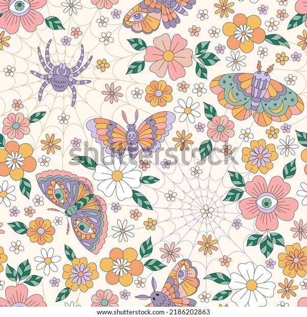 Retro
Halloween Flower Power Mystic Garden Evil Eye Moon Moth Spider
Cobweb vector seamless pattern. Mystical Floral insects death head
hawkmoth background. Autumn holiday surface
design.