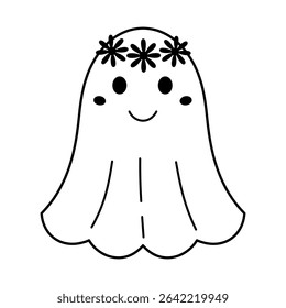 Retro Halloween ghost black and white doodle. Groovy spooky seasonal character, hand drawn vector illustration