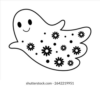 Retro Halloween ghost black and white doodle. Groovy spooky seasonal character, hand drawn vector illustration