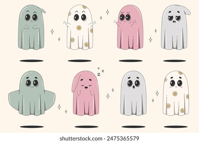 Retro halloween ghost set. Cute spooky spirits. Vector illustration.
