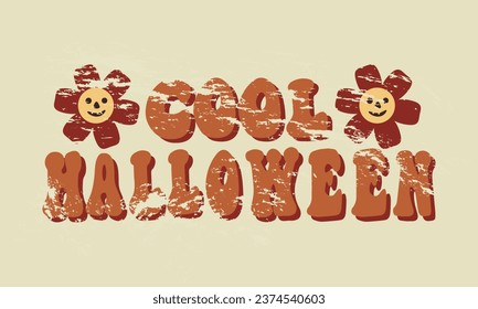 Retro Halloween greeting card teplate in retro cartoon groovy 70s Vintage Style. Cool Halloween Illustration with hunting for sweets concept. Contour vector