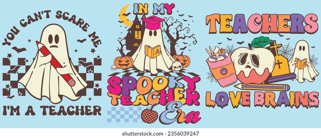 Retro Halloween Groovy Ghosts Teachers Bundle for Halloween Day Spooky Teachers Retro Designs Set for T-shirts and Graphic Designs