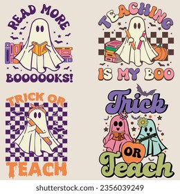 Retro Halloween Groovy Ghosts Teachers Bundle for Halloween Day Spooky Teachers Retro Designs Set for T-shirts and Graphic Designs