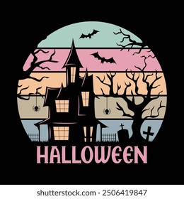 Retro Halloween Haunted House T shirt Design 