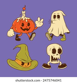 Conjunto de caracteres de ilustración de halloween retro