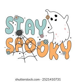 Ilustração retrô de Halloween. Groovy Halloween fantasma clipart. Ilustração vetorial desenhada à mão em estilo plano