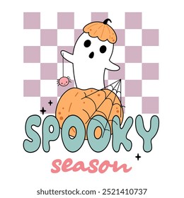 Ilustração retrô de Halloween. Groovy Halloween fantasma clipart. Ilustração vetorial desenhada à mão em estilo plano