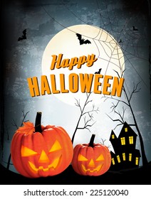 Retro Halloween night background with two pumpkins. Vector
