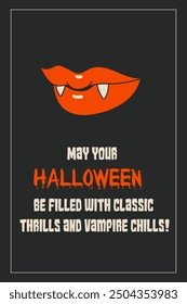 Retro Halloween party card, greetings vampire teeth on black.  Vector 