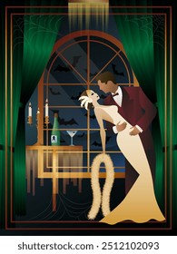 Retro Halloween party flyer. Retro couple of dancers, man and woman, characters in 30s-40s style. Day of the Dead concept