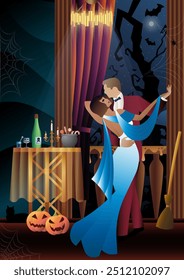 Retro Halloween party flyer. Retro couple of dancers, man and woman, characters in 30s-40s style. Day of the Dead concept