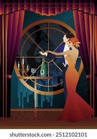 Retro Halloween party flyer. Retro couple of dancers, man and woman, characters in 30s-40s style. Day of the Dead concept