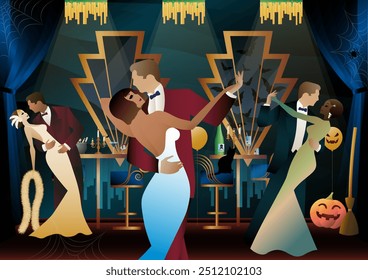 Retro Halloween party flyer. Retro couple of dancers, man and woman, characters in 30s-40s style. Day of the Dead concept