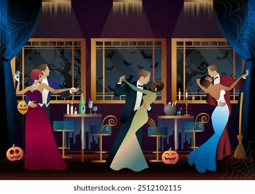 Retro Halloween party flyer. Retro couple of dancers, man and woman, characters in 30s-40s style. Day of the Dead concept