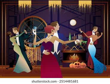 Retro Halloween party flyer. Retro couple of dancers, man and woman, characters in 30s-40s style. Day of the Dead concept