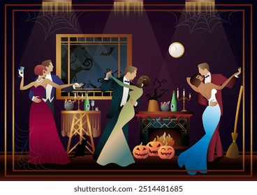Retro Halloween party flyer. Retro couple of dancers, man and woman, characters in 30s-40s style. Day of the Dead concept