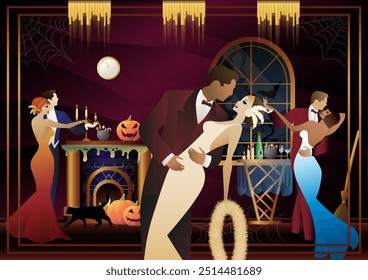 Retro Halloween party flyer. Retro couple of dancers, man and woman, characters in 30s-40s style. Day of the Dead concept