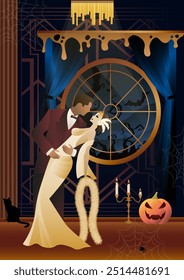 Retro Halloween party flyer. Retro couple of dancers, man and woman, characters in 30s-40s style. Day of the Dead concept