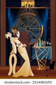 Retro Halloween party flyer. Retro couple of dancers, man and woman, characters in 30s-40s style. Day of the Dead concept