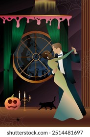 Retro Halloween party flyer. Retro couple of dancers, man and woman, characters in 30s-40s style. Day of the Dead concept