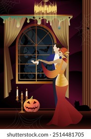 Retro Halloween party flyer. Retro couple of dancers, man and woman, characters in 30s-40s style. Day of the Dead concept