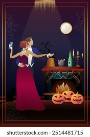 Retro Halloween party flyer. Retro couple of dancers, man and woman, characters in 30s-40s style. Day of the Dead concept