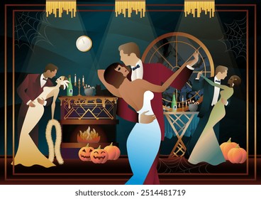 Retro Halloween party flyer. Retro couple of dancers, man and woman, characters in 30s-40s style. Day of the Dead concept