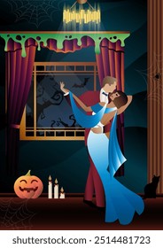 Retro Halloween party flyer. Retro couple of dancers, man and woman, characters in 30s-40s style. Day of the Dead concept