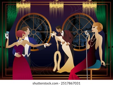 Retro Halloween party flyer. Retro couple of dancers, man and woman and singer, characters in 30s-40s style. Day of the Dead concept