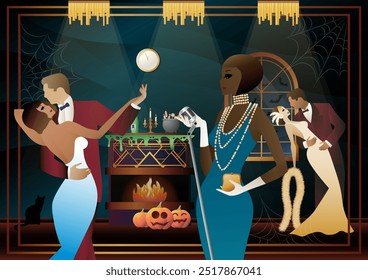 Retro Halloween party flyer. Retro couple of dancers, man and woman and singer, characters in 30s-40s style. Day of the Dead concept