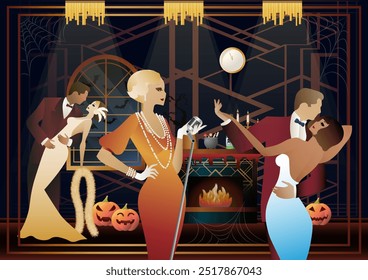 Retro Halloween party flyer. Retro couple of dancers, man and woman and singer, characters in 30s-40s style. Day of the Dead concept