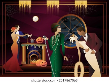 Retro Halloween party flyer. Retro couple of dancers, man and woman and singer, characters in 30s-40s style. Day of the Dead concept