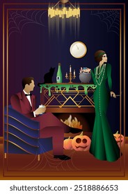 Retro Halloween party flyer. Retro couple, man and woman, characters in 30s-40s style. Day of the Dead concept