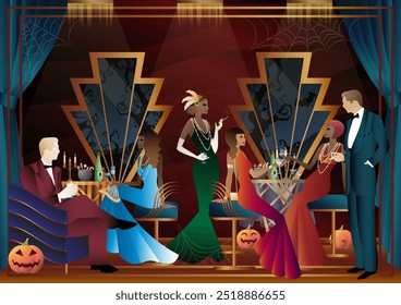 Panfleto de festa de Halloween retrô. Casal retrô, homem e mulher, personagens no estilo 30s-40s. Conceito de Dia dos Mortos