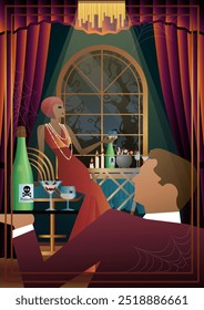 Retro Halloween party flyer. Retro couple, man and woman, characters in 30s-40s style. Day of the Dead concept