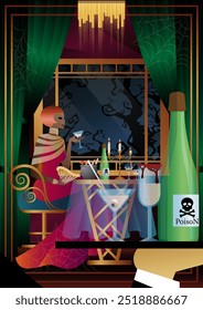 Retro Halloween party flyer. Retro couple, man and woman, characters in 30s-40s style. Day of the Dead concept