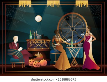 Retro Halloween party flyer. Retro couple, man and woman, characters in 30s-40s style. Day of the Dead concept
