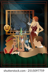 Retro Halloween Party Flyer. Retro singer, 30s-40s style characters. Day of the Dead concept