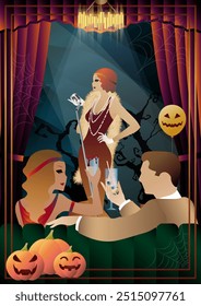 Retro Halloween Party Flyer. Retro singer, 30s-40s style characters. Day of the Dead concept