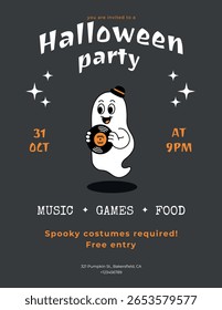 Retro Halloween Party Invitation. Cute Groovy Ghost with a Vinyl Record. Spooky Season Vector Illustration