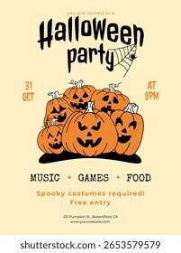 Retro Halloween Party Invitation. Cute Groovy Pumpkins with faces. Spooky Season Vector Illustration