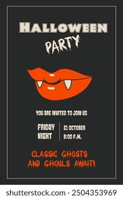 Invitación de fiesta de Halloween retro. Sonrisa de vampiro fondo negro. Vector 